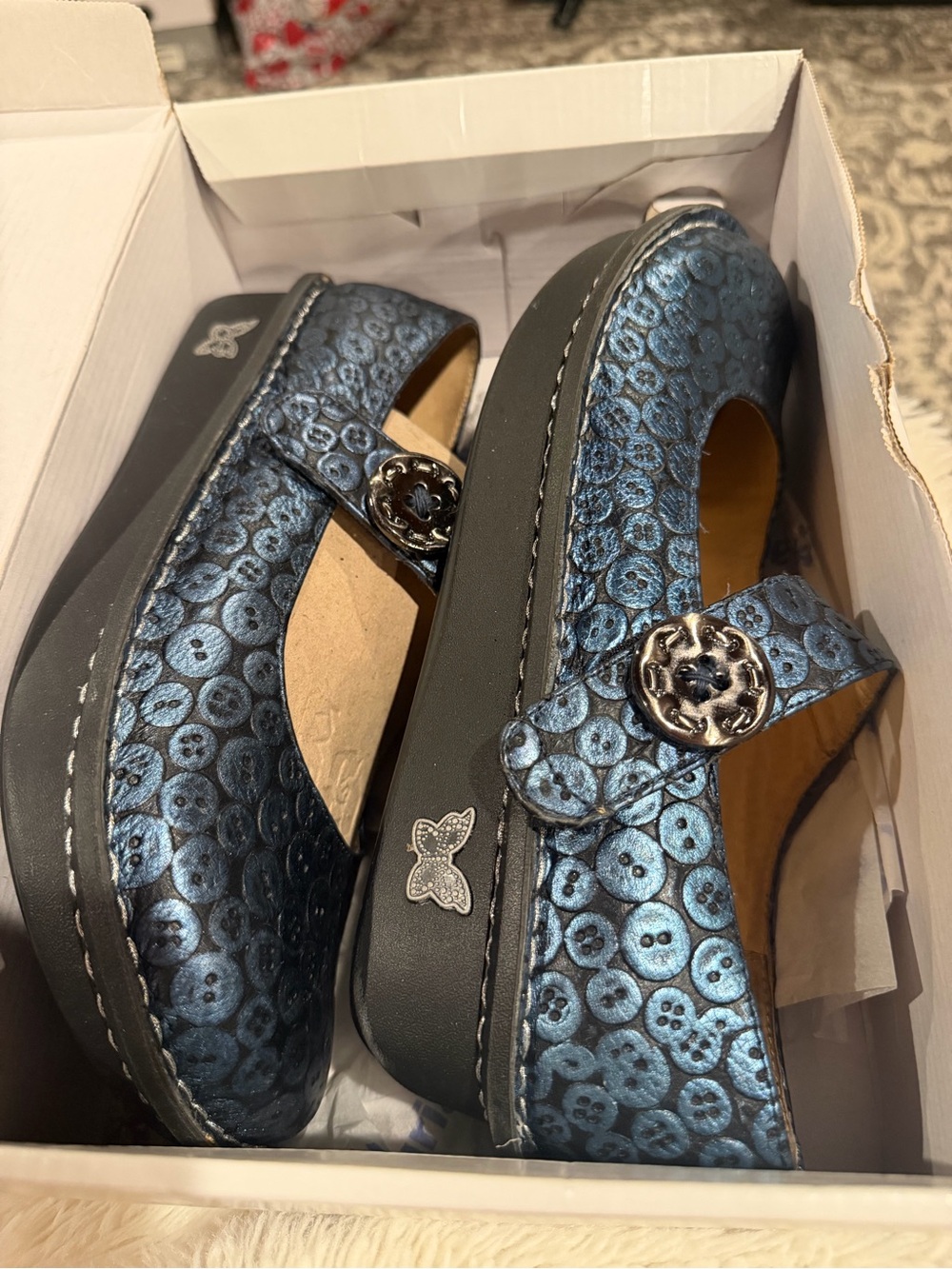 Alegria Metallic Blue Button-Print Mary Jane Loafers